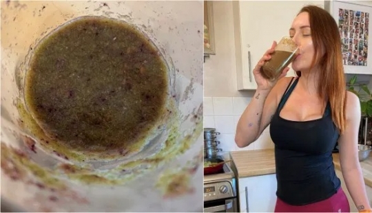 Alternative medicine: woman drinking a smoothie with sperm, to avoid infection with coronavirus