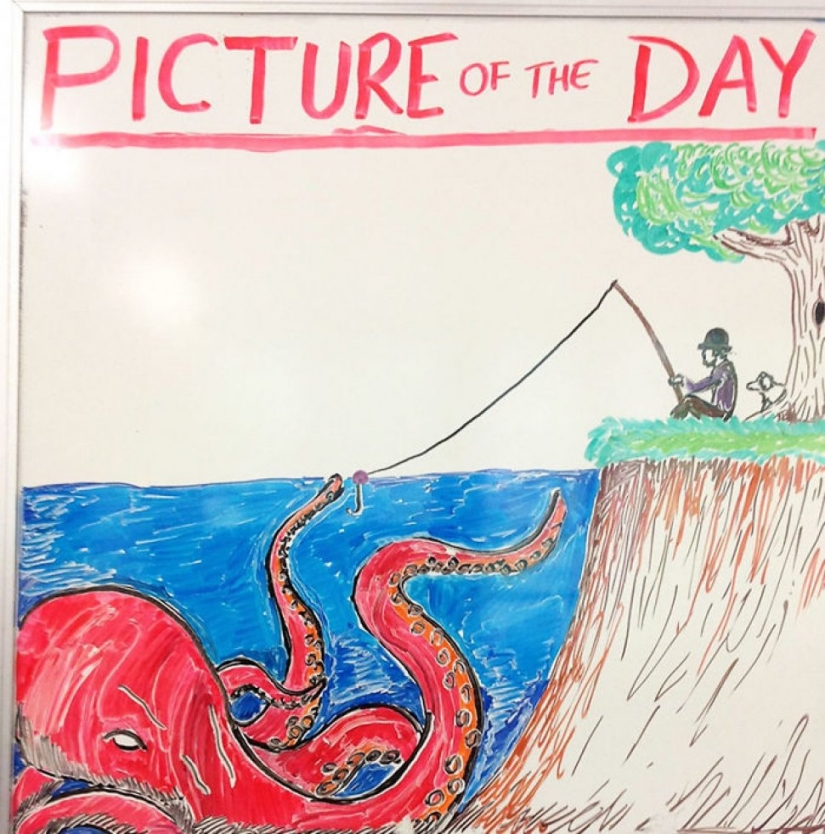 Creative history teacher every day draws pictures on the Board