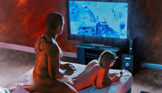 Evil caricature of the people whom the entire world had replaced the screen of the smartphone