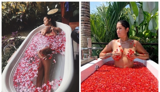 Floral tentación: caliente instagram-belleza fotografiado desnudo entre los pétalos