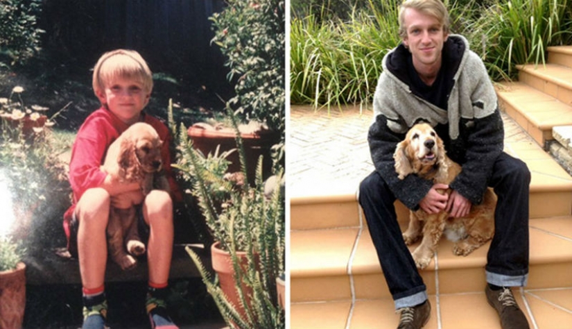 Grew up together: dogs and their owners at the beginning of the friendship through many years