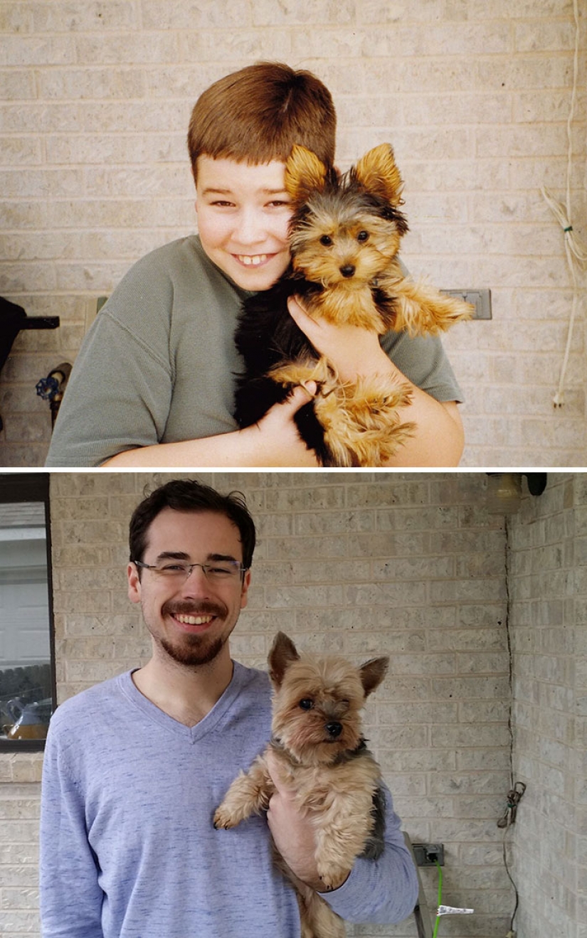 Grew up together: dogs and their owners at the beginning of the friendship through many years