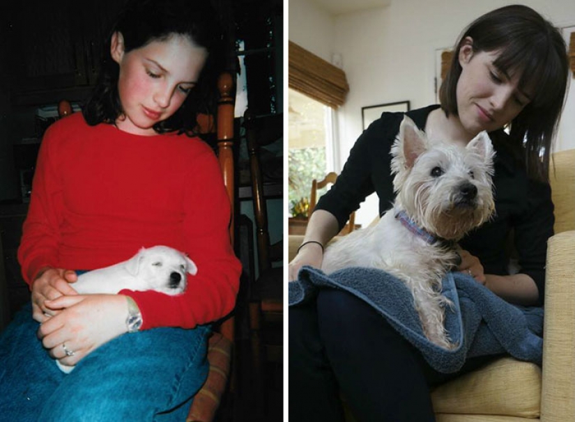 Grew up together: dogs and their owners at the beginning of the friendship through many years