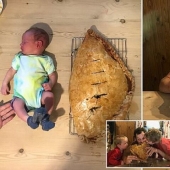 Happy father in honor of the birth of his son baked a cake the size of a child
