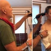 I gave birth to you, I'll cut! Bruce Willis shaved his daughter's hair