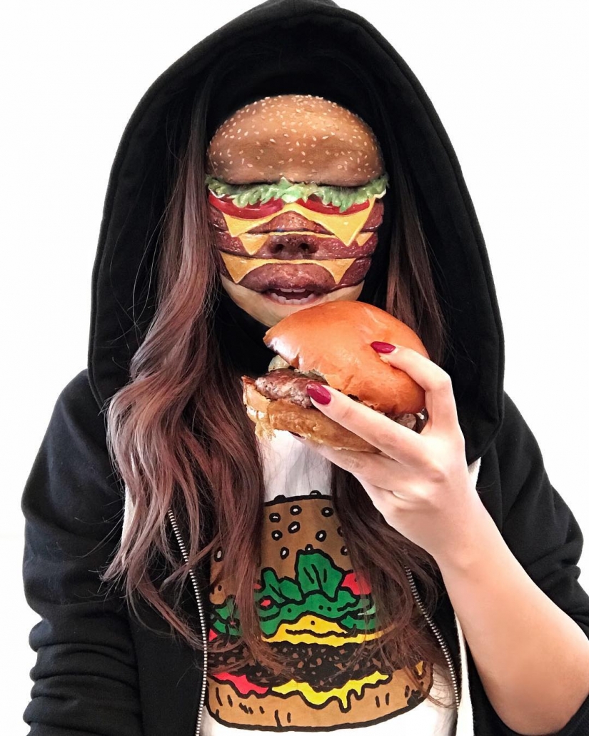 "I'm the person to eat" the canadian make-up artist draws women's faces with burgers, rolls and pizza