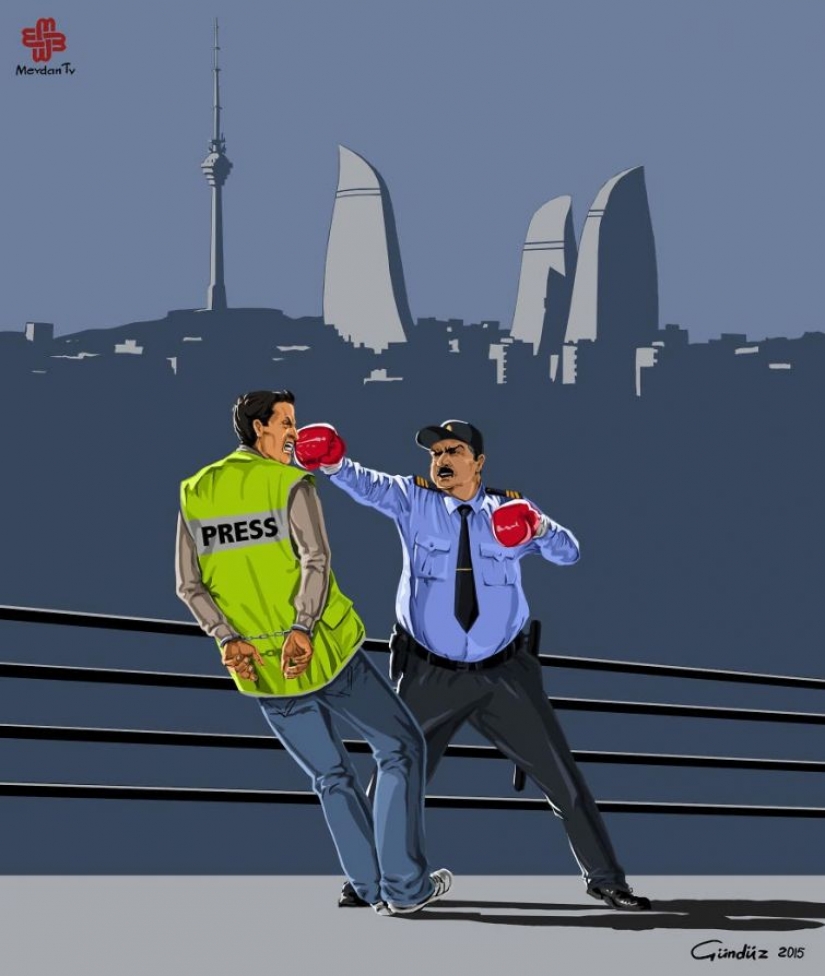 La república de azerbaiyán, el artista ha representado el verdadero rostro del mundo, la policía de la satírica ilustraciones