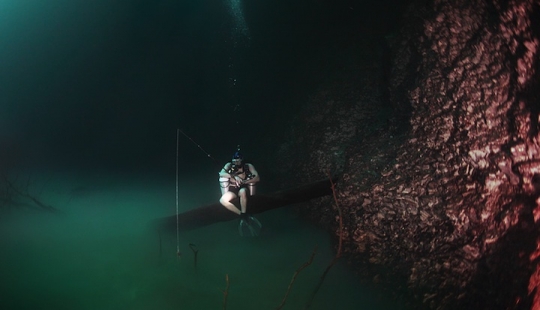 Mística submarino río fluye a lo largo del suelo marino en México