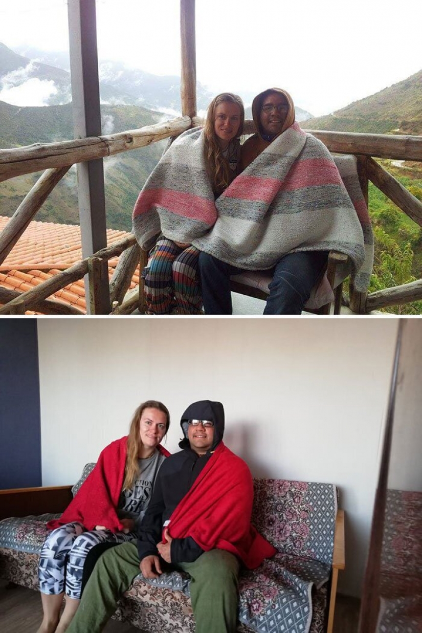 Remember where we were! People recreate photos from travels, sitting in quarantine