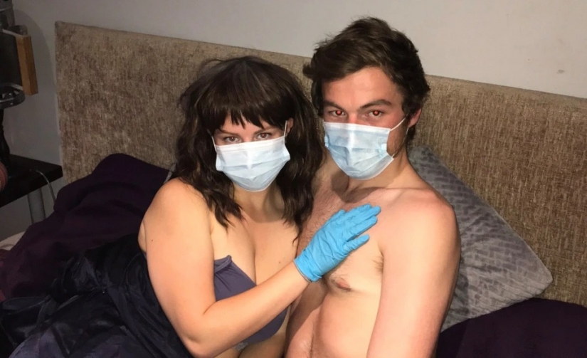 Safe sex: British woman with coronafobia making love only in a mask and gloves