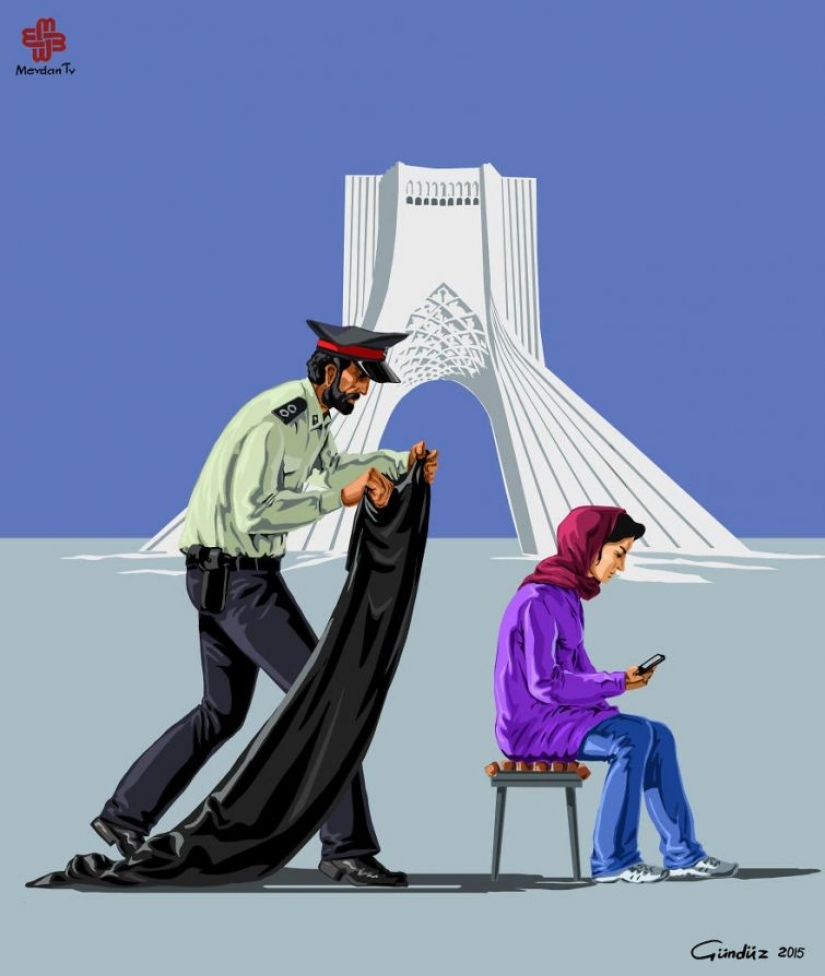 The Azerbaijani artist has depicted the true face of the world, police in the satirical illustrations