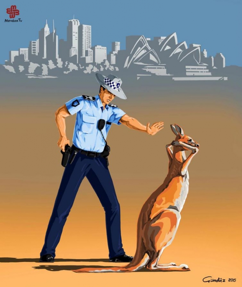 The Azerbaijani artist has depicted the true face of the world, police in the satirical illustrations