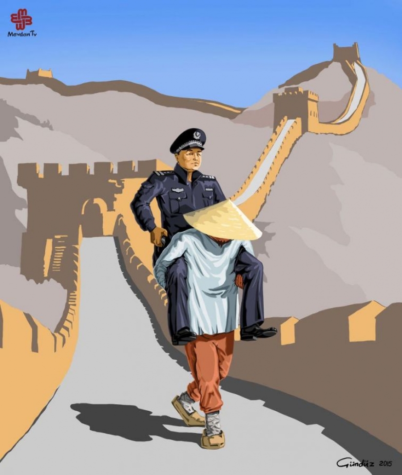 The Azerbaijani artist has depicted the true face of the world, police in the satirical illustrations