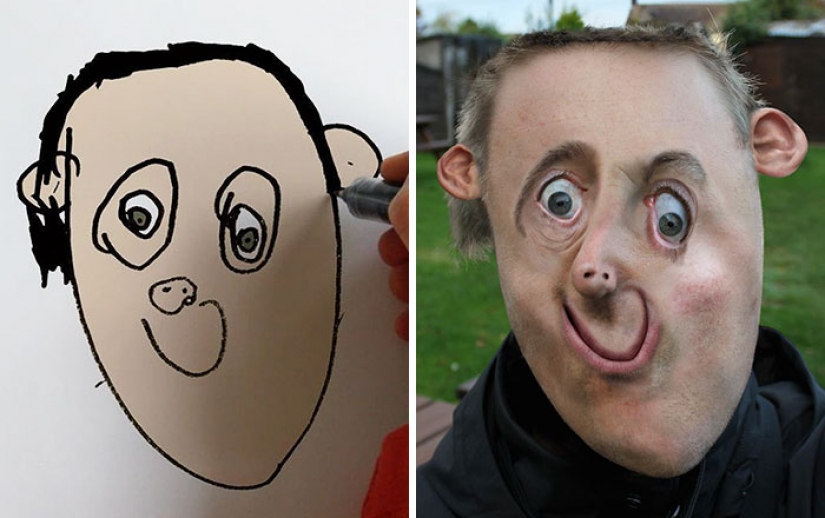 The father showed how would look the characters of children's drawings in real life