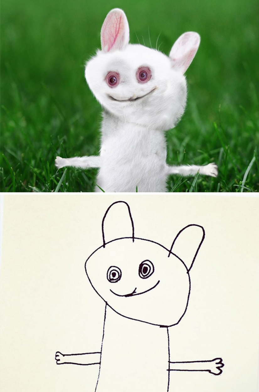 The father showed how would look the characters of children's drawings in real life