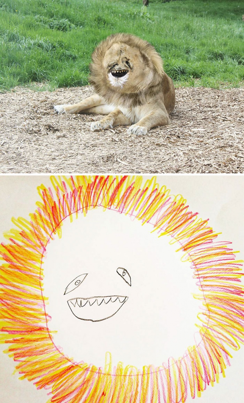 The father showed how would look the characters of children's drawings in real life