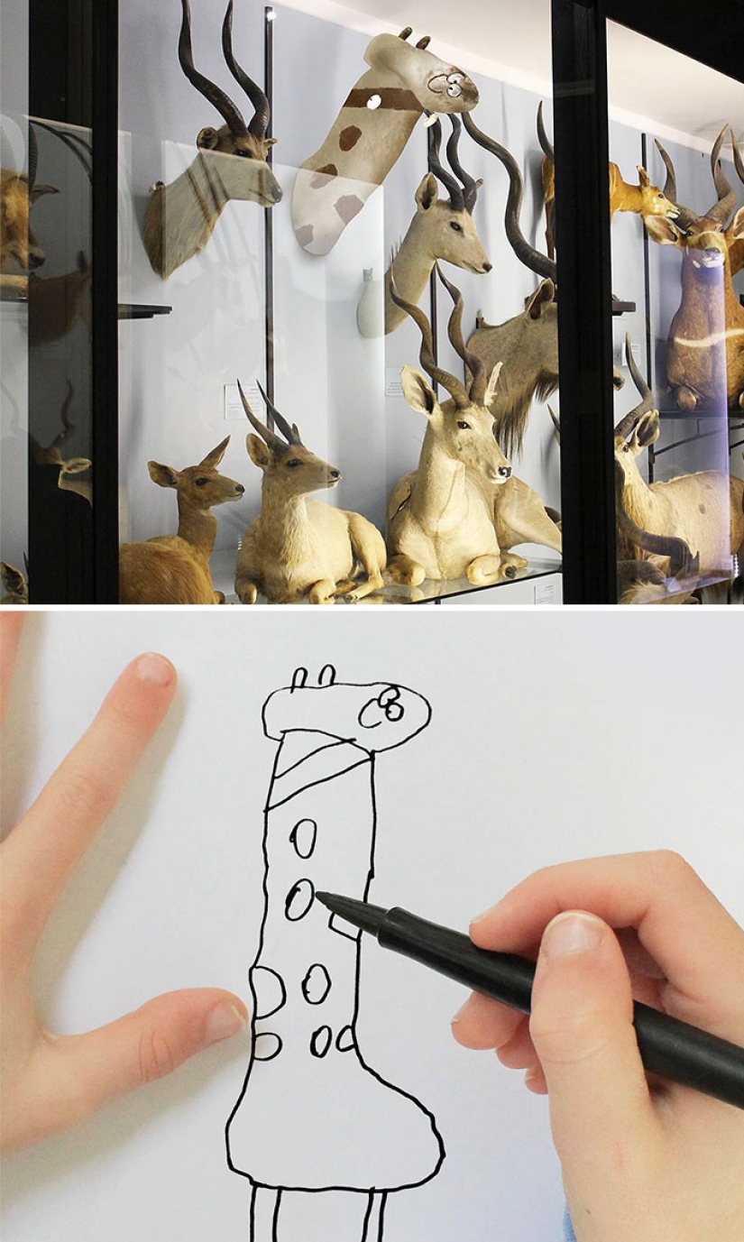 The father showed how would look the characters of children's drawings in real life