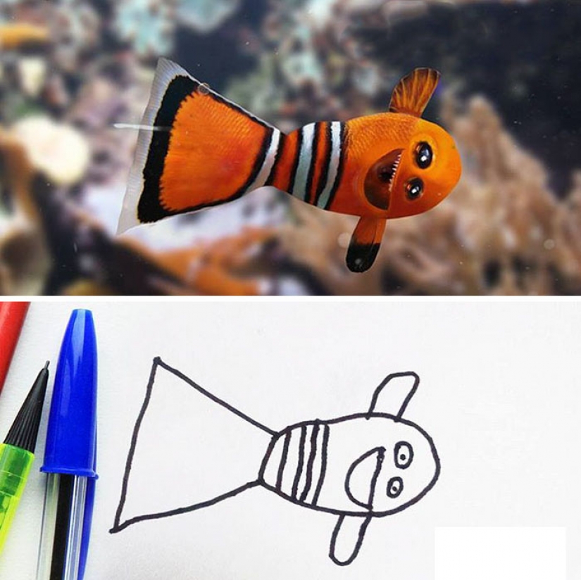 The father showed how would look the characters of children's drawings in real life