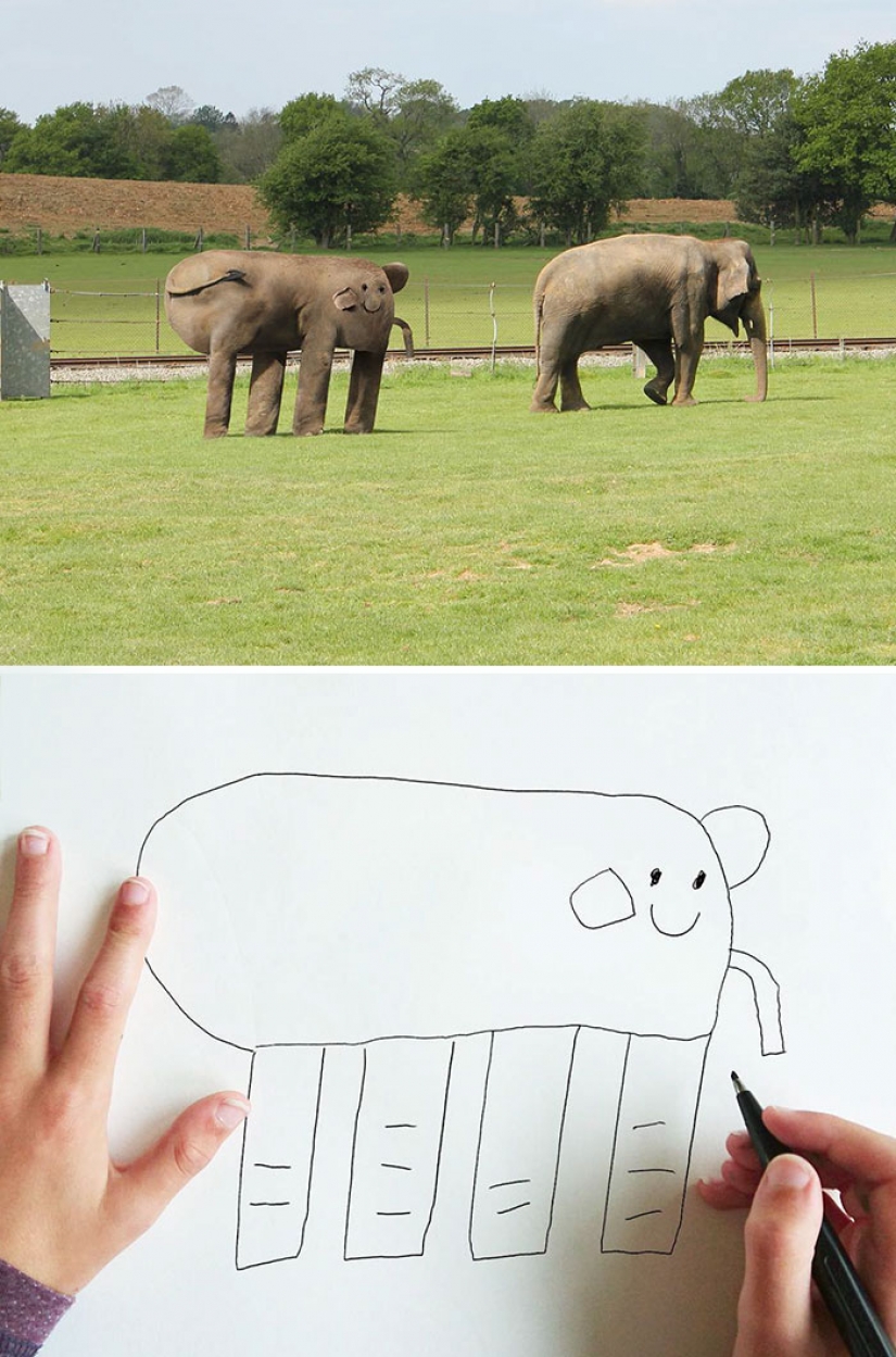 The father showed how would look the characters of children's drawings in real life