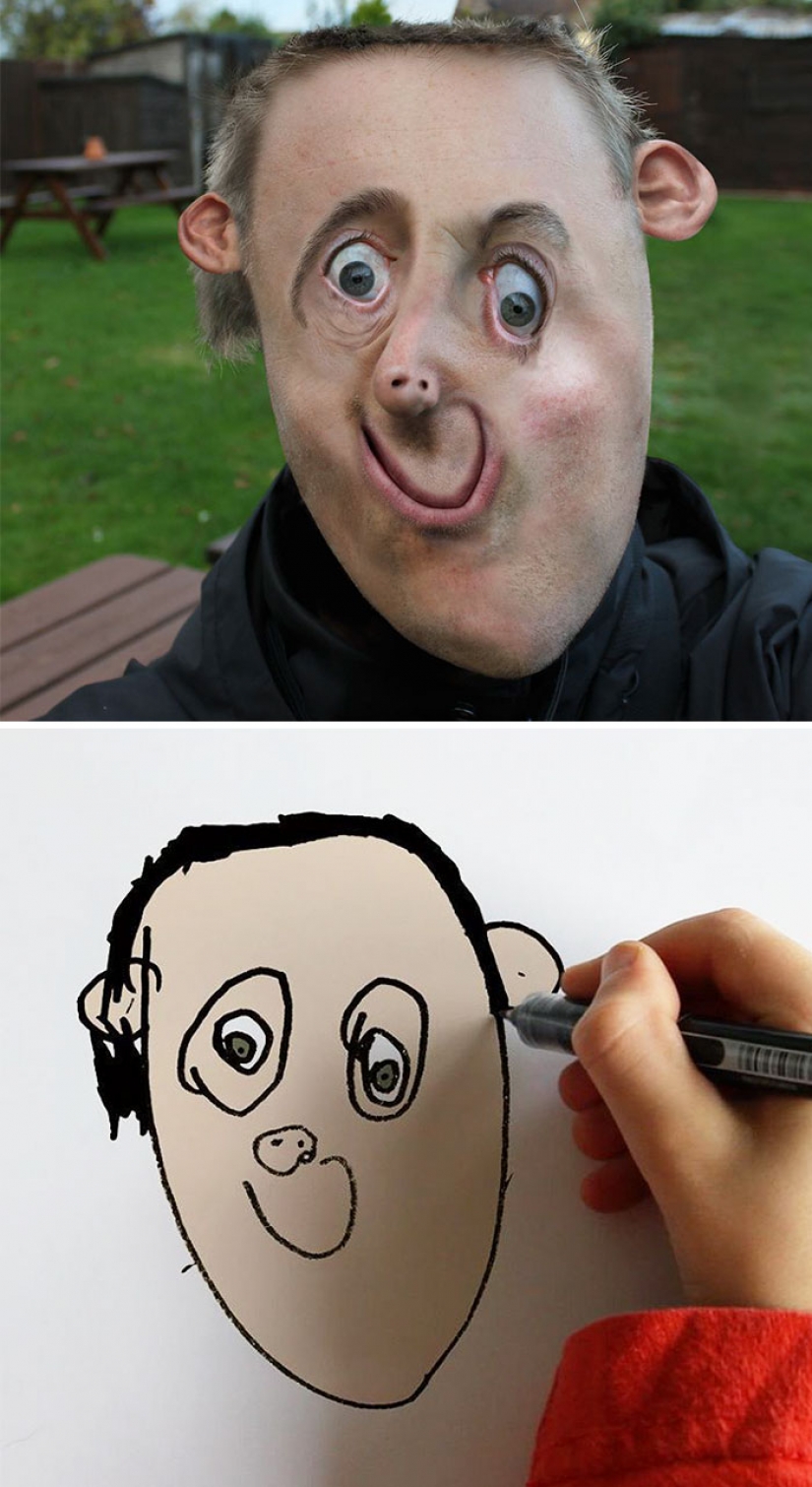 The father showed how would look the characters of children's drawings in real life