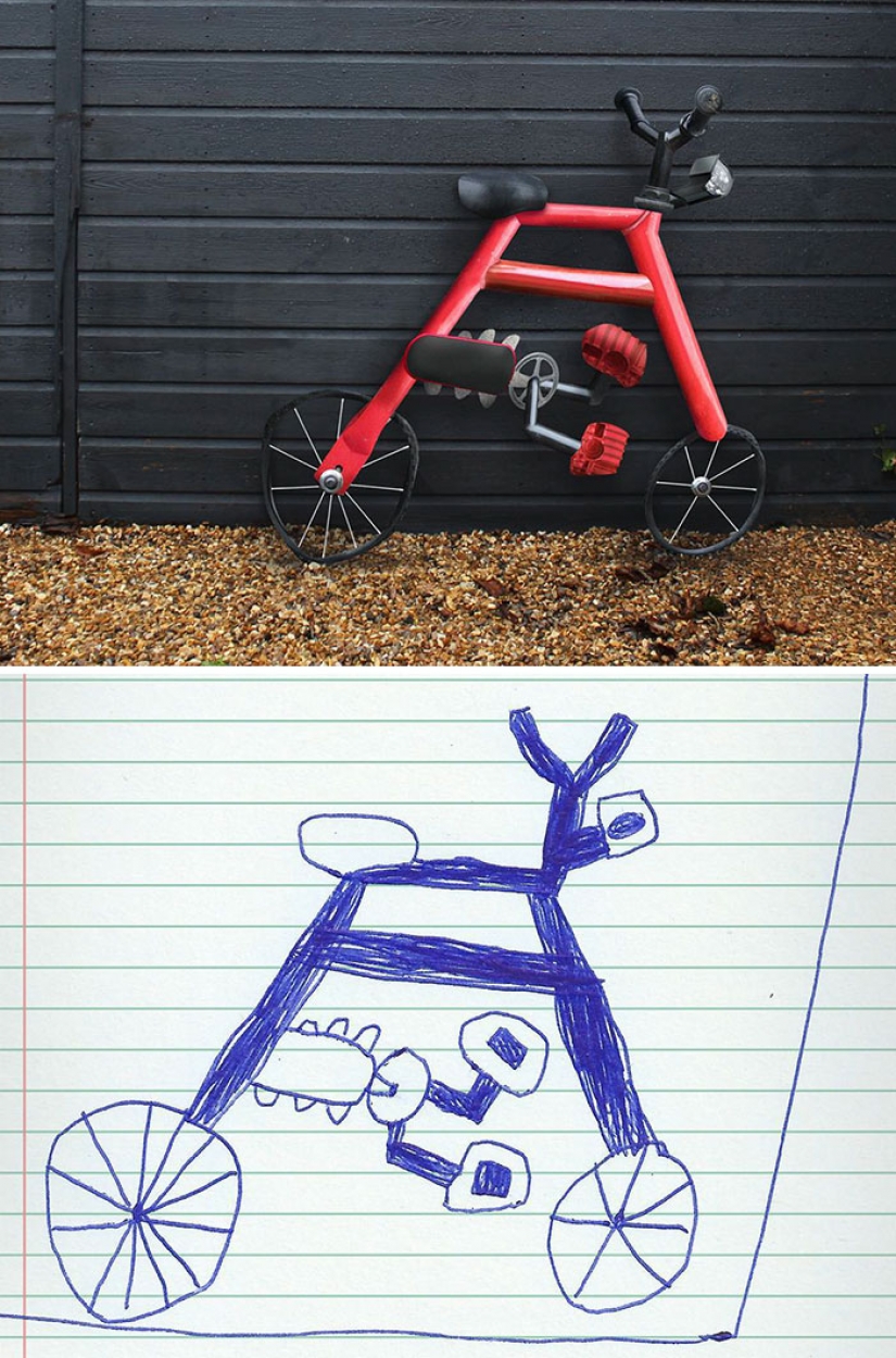 The father showed how would look the characters of children's drawings in real life