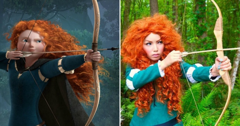 The girl tried on the images of 15 disney princesses