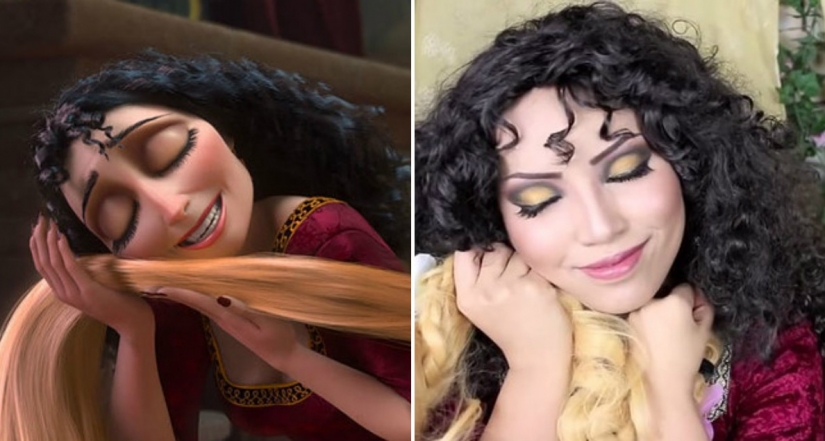 The girl tried on the images of 15 disney princesses