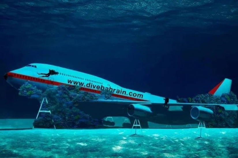 Under a plane wing about something sings the green sea in Bahrain opened underwater Park inside the "Boeing"