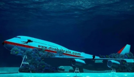 Under a plane wing about something sings the green sea in Bahrain opened underwater Park inside the "Boeing"