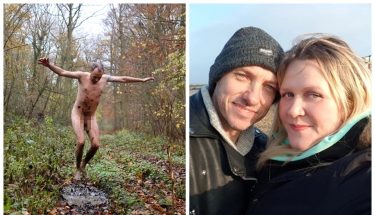 A couple of nudists from the UK make funny photos in the woods, struggling with stress during a pandemic