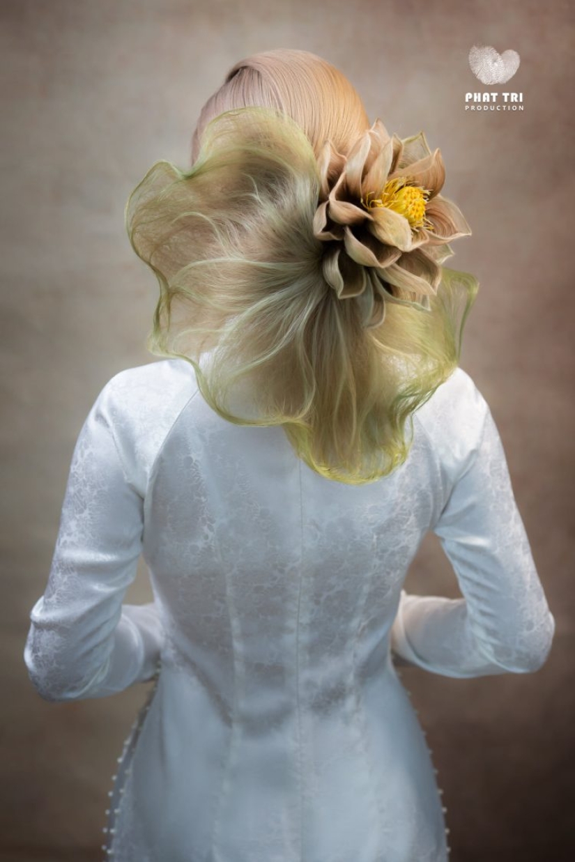 A talented hairdresser creates spectacular hairstyles in the form of flowers