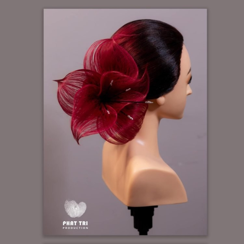 A talented hairdresser creates spectacular hairstyles in the form of flowers