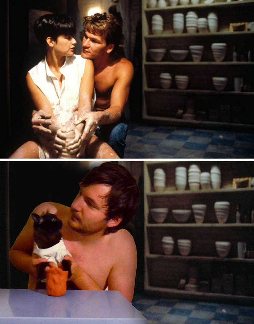 A young couple parodies iconic scenes from movies together with cats