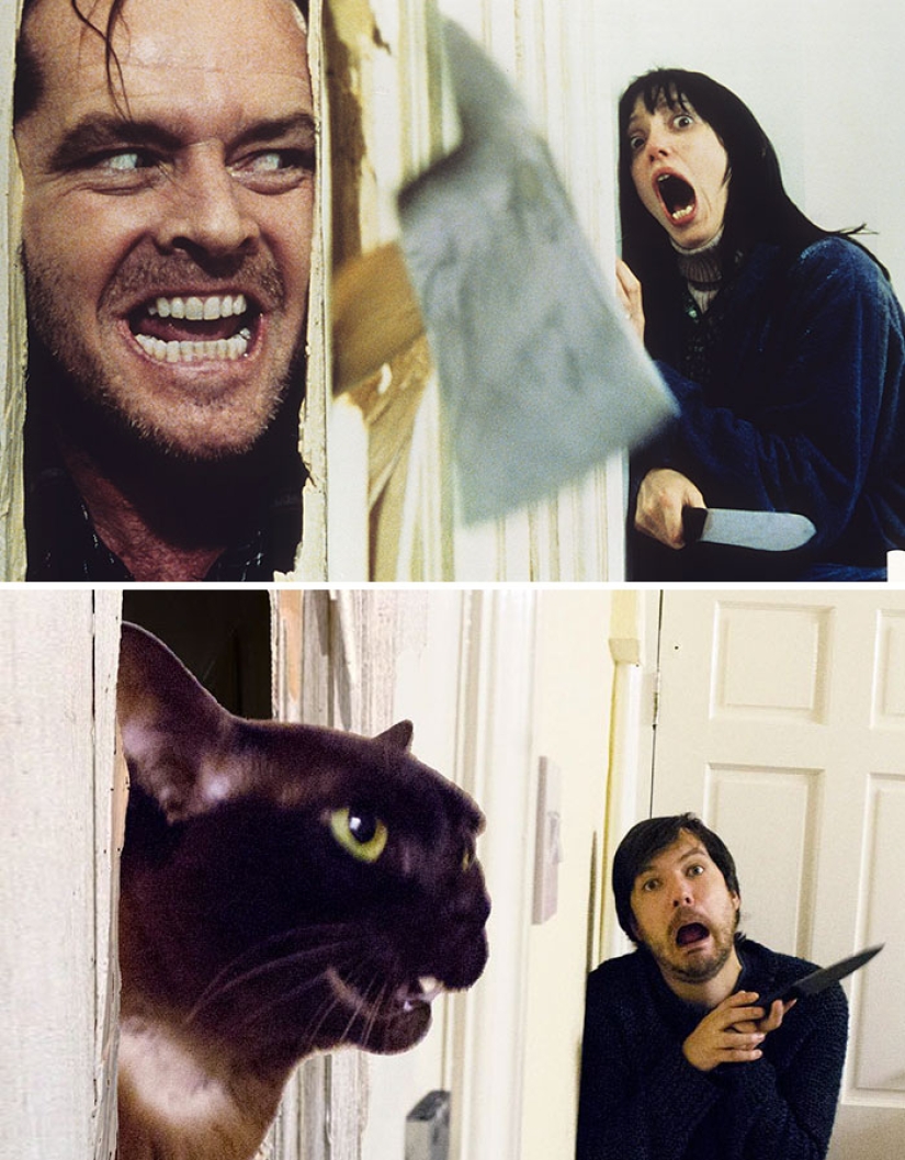 A young couple parodies iconic scenes from movies together with cats