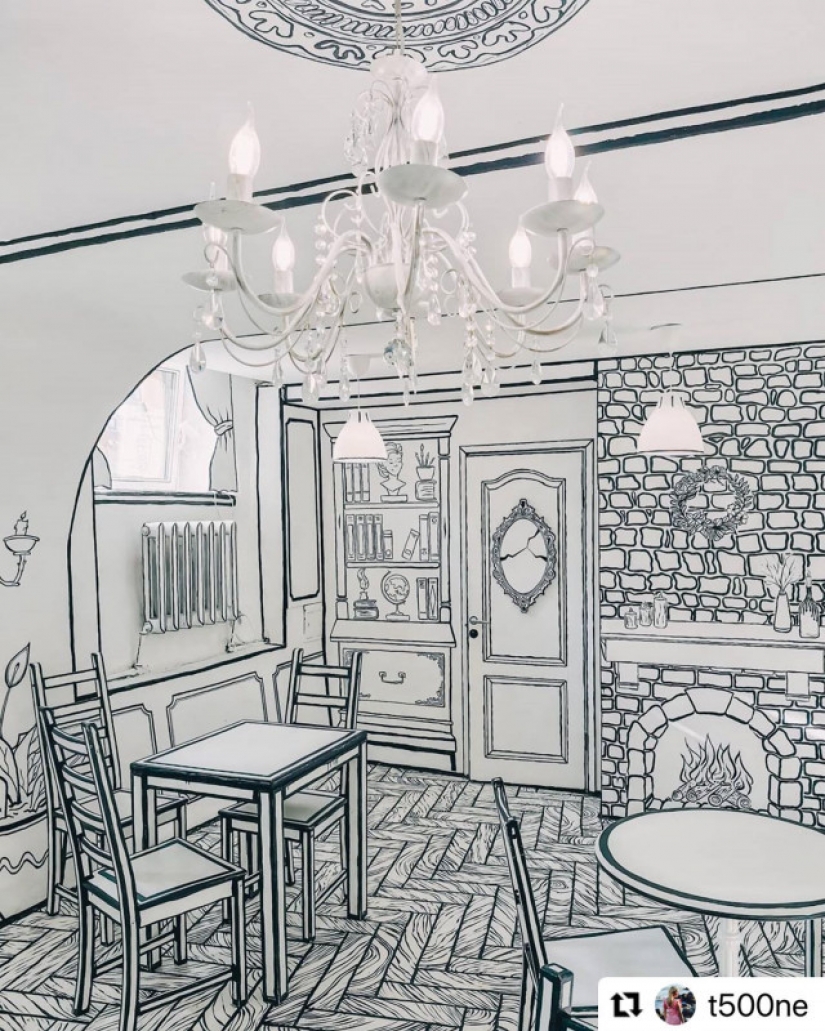 Black and white illusion: what does CHBKAFE, a "painted" coffee shop in St. Petersburg, look like?