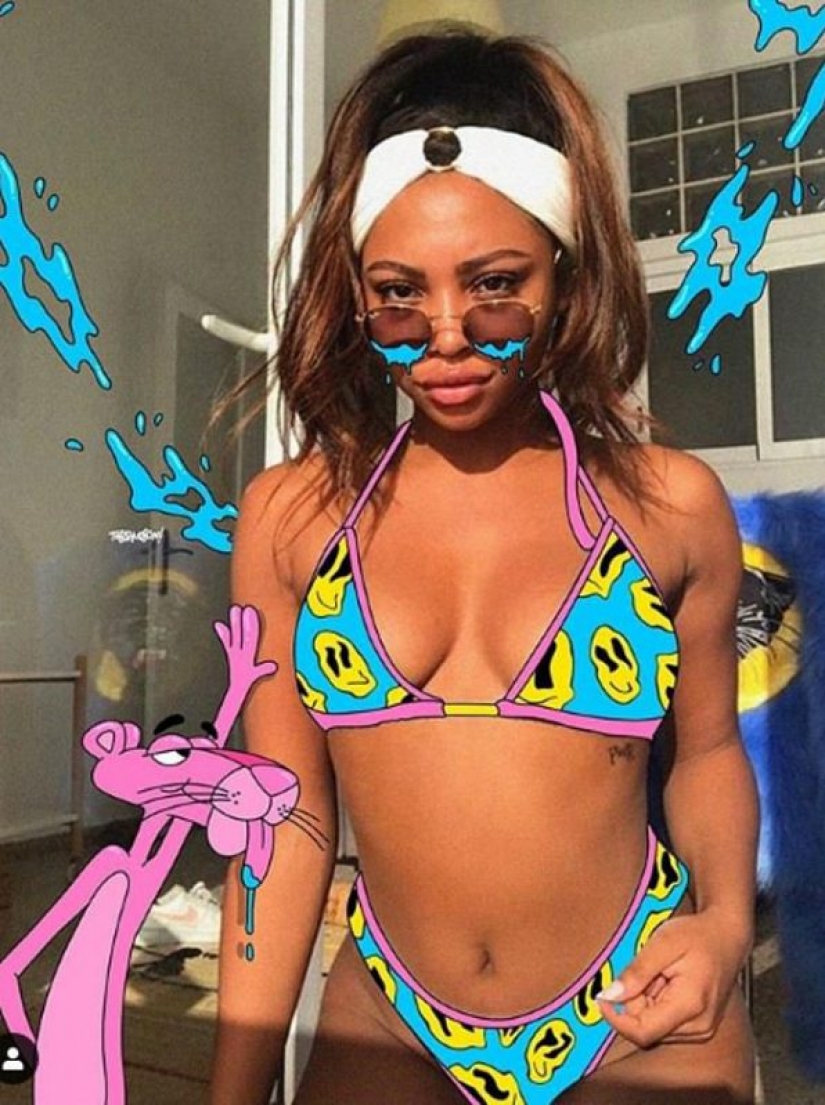 Cartoons for adults: guy makes hot collage sexy stars in bikinis