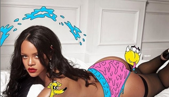 Cartoons for adults: guy makes hot collage sexy stars in bikinis