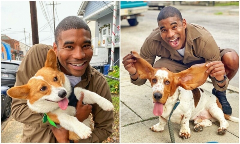 Funny courier photographed with every dog he meets