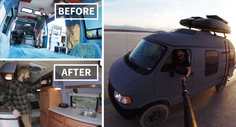 Having turned an old grandmother's van into a mobile home, the guy travels around the world