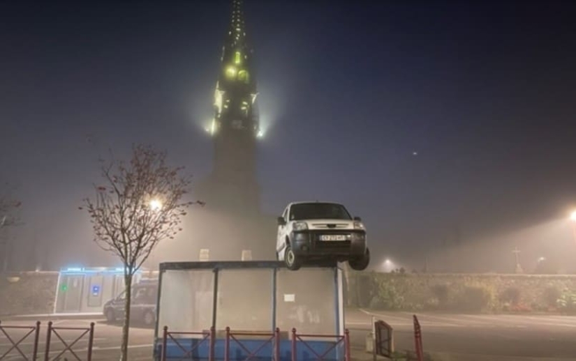 In France, a car was found on the roof of a bus stop. How did it get there?