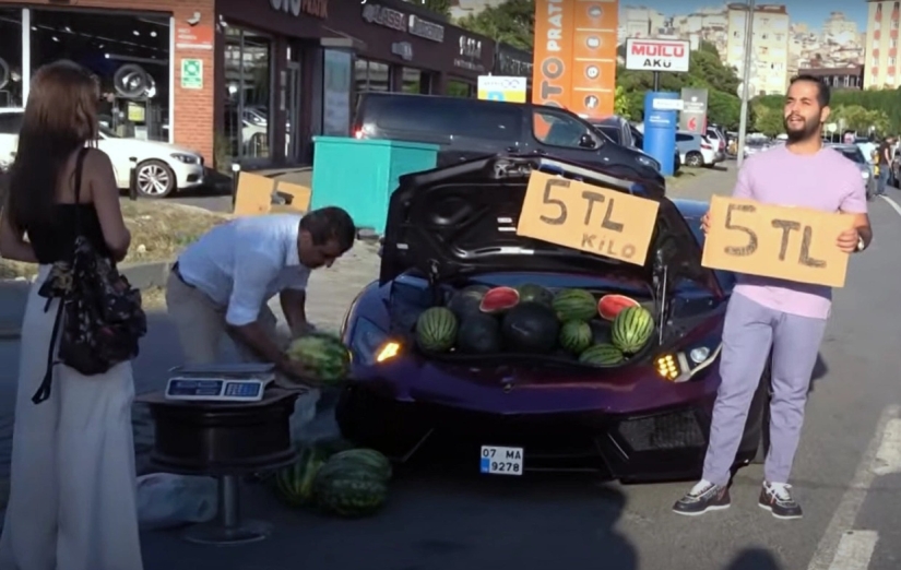 In Istanbul, the owner of a Lamborghini was selling watermelons from the trunk of his supercar