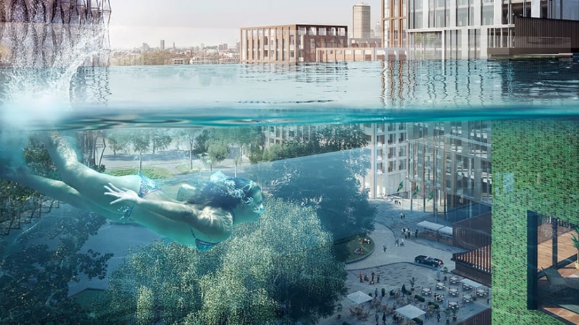 In London, a transparent swimming pool was installed between two high-rise buildings