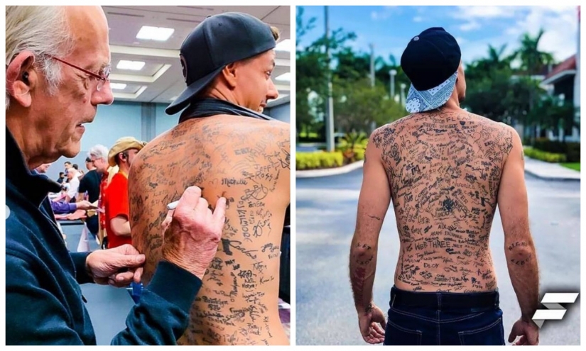 ¡Inscríbete! El influencer estableció un récord mundial al aplicar 225 autógrafos de tatuajes en su espalda