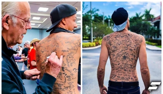 ¡Inscríbete! El influencer estableció un récord mundial al aplicar 225 autógrafos de tatuajes en su espalda