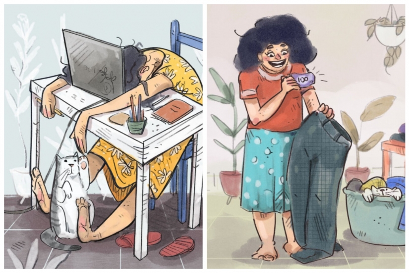 Quarantine life with a cat in illustrations by the Indian artist Annada Menon