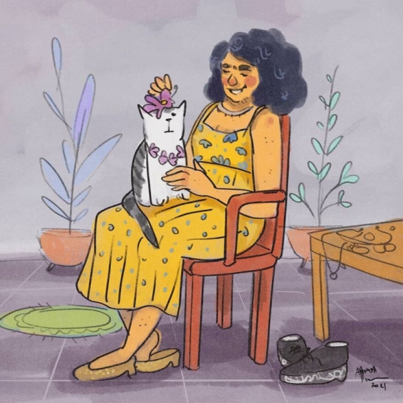 Quarantine life with a cat in illustrations by the Indian artist Annada Menon