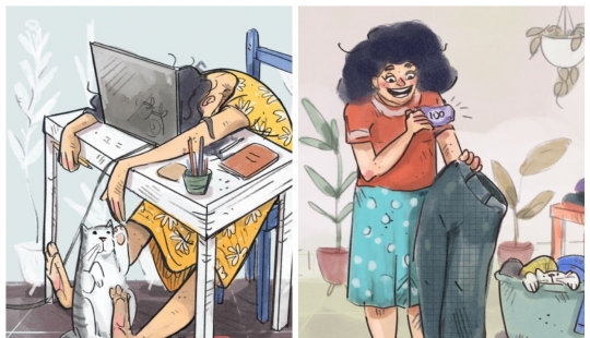 Quarantine life with a cat in illustrations by the Indian artist Annada Menon