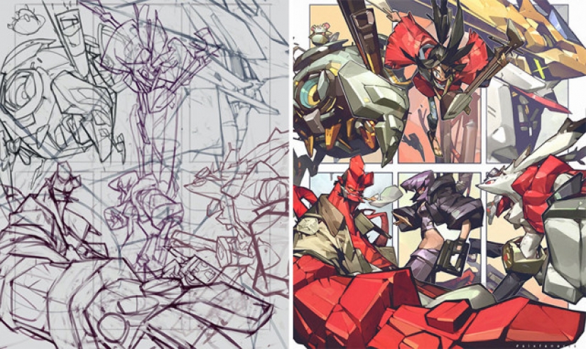 Sketch vs. Final: the artists show their work at the stage of sketch and finished
