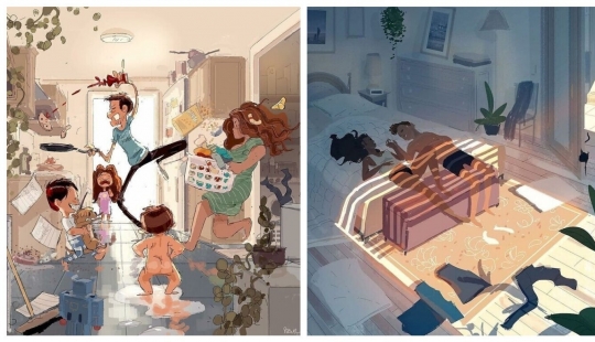 The artist documents the idyllic moments of life with his wife and children