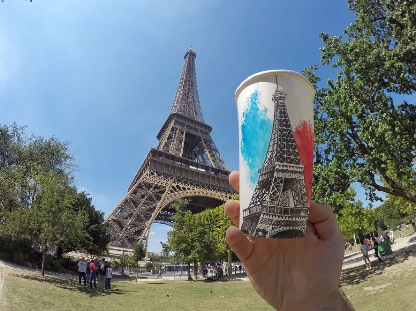 The artist travels the world and uses paper cups as canvas